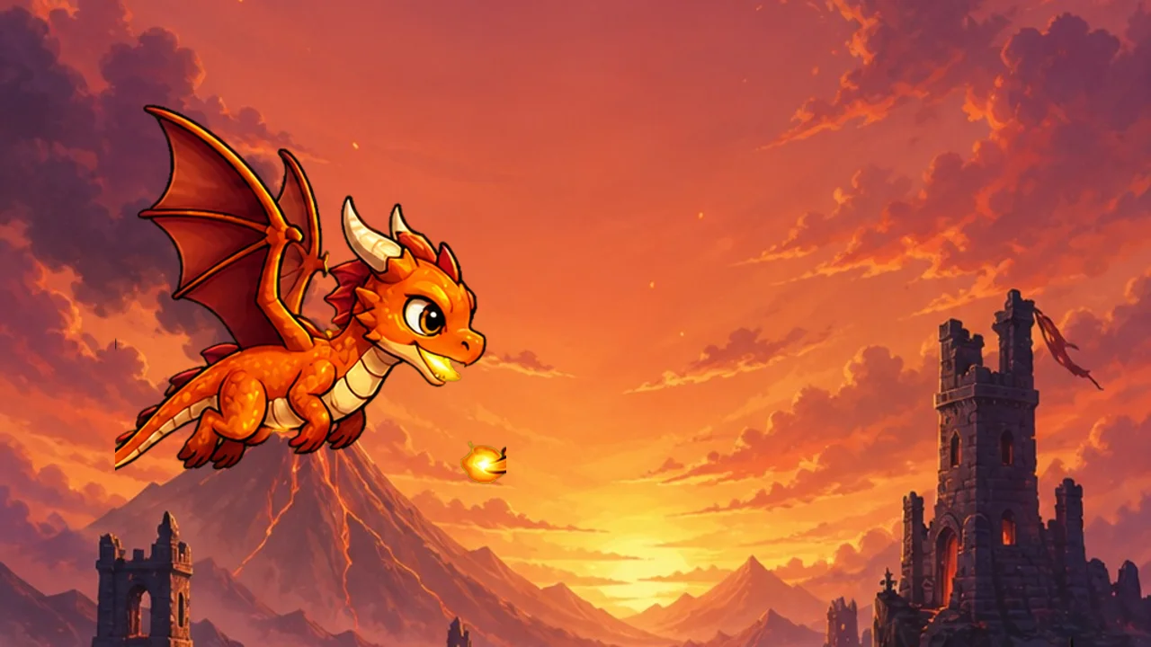 Pyro key art: the Cinder dragon gliding over the volcanic Ember Vale at sunset