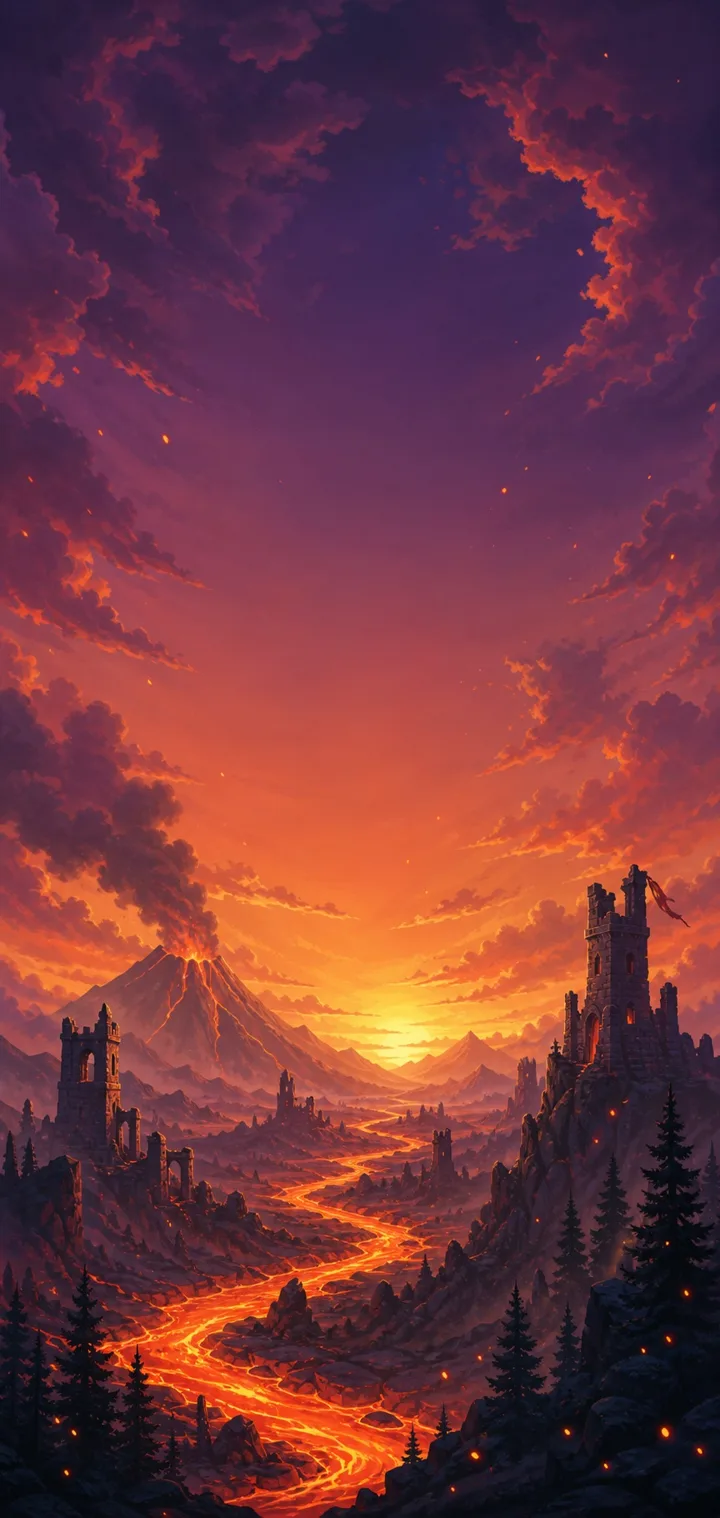 Pyro world art: Ember Vale, a volcanic valley with lava rivers and ruined towers at sunset