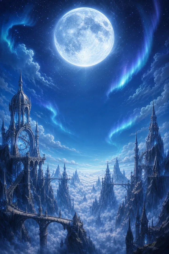 Pyro world art: Moon Spires, silver towers under a night sky