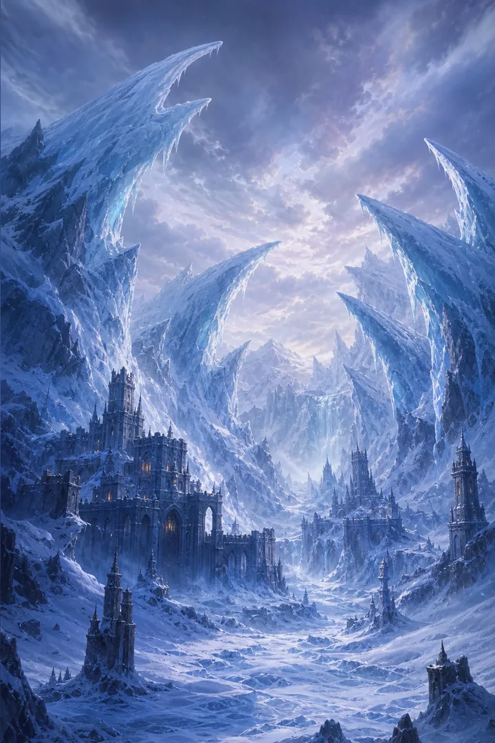 Pyro world art: Frostfang Reach, frozen keeps and icy peaks